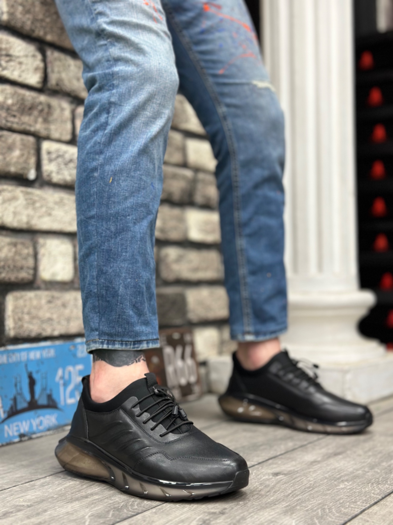 CLZ946 Hakiki Deri Rahat Taban Ayarlanabilir Lastik Bağcıklı Desenli Siyah Casual Erkek Ayakkabı