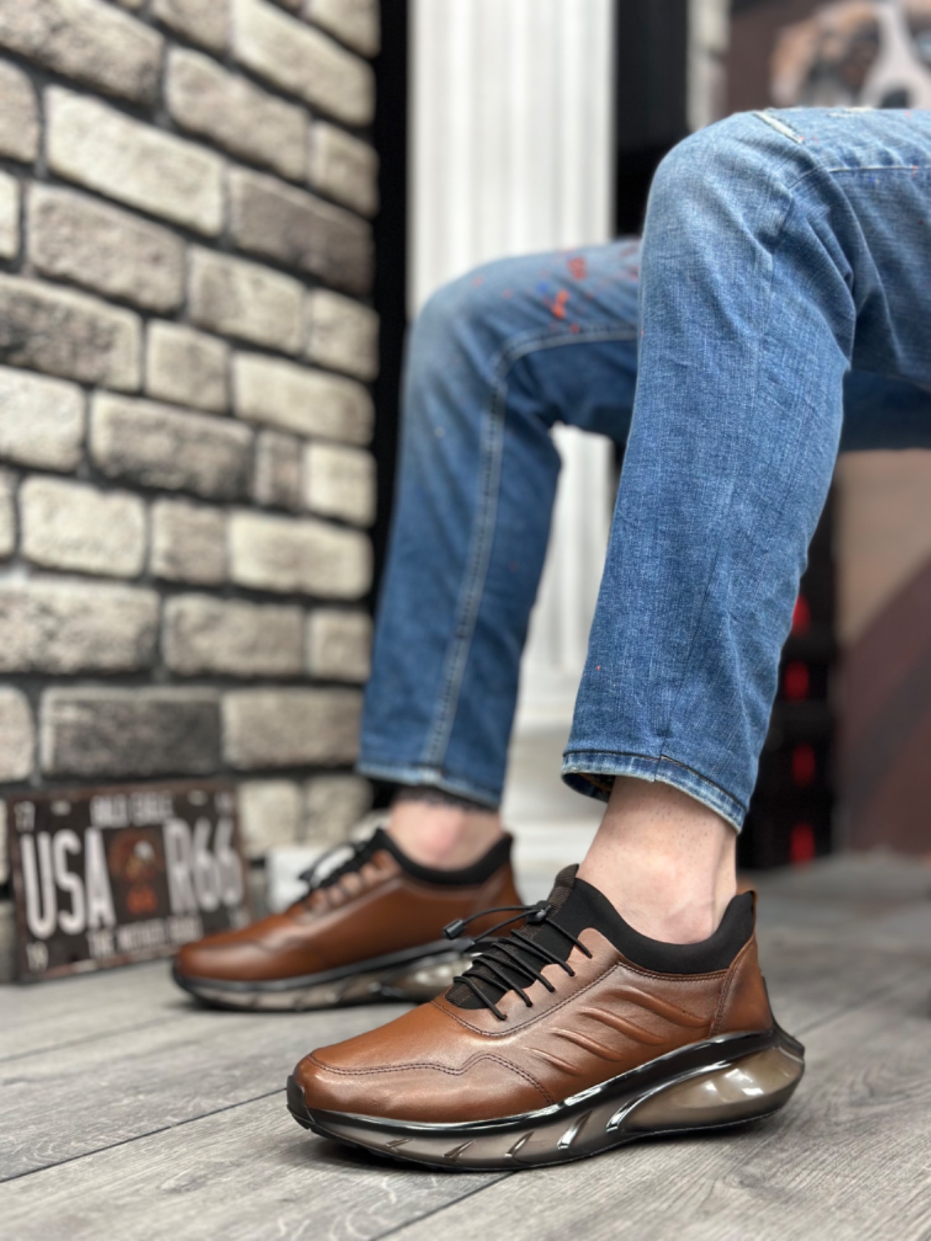 CLZ946 Hakiki Deri Rahat Taban Ayarlanabilir Lastik Bağcıklı Desenli Taba Casual Erkek Ayakkabı