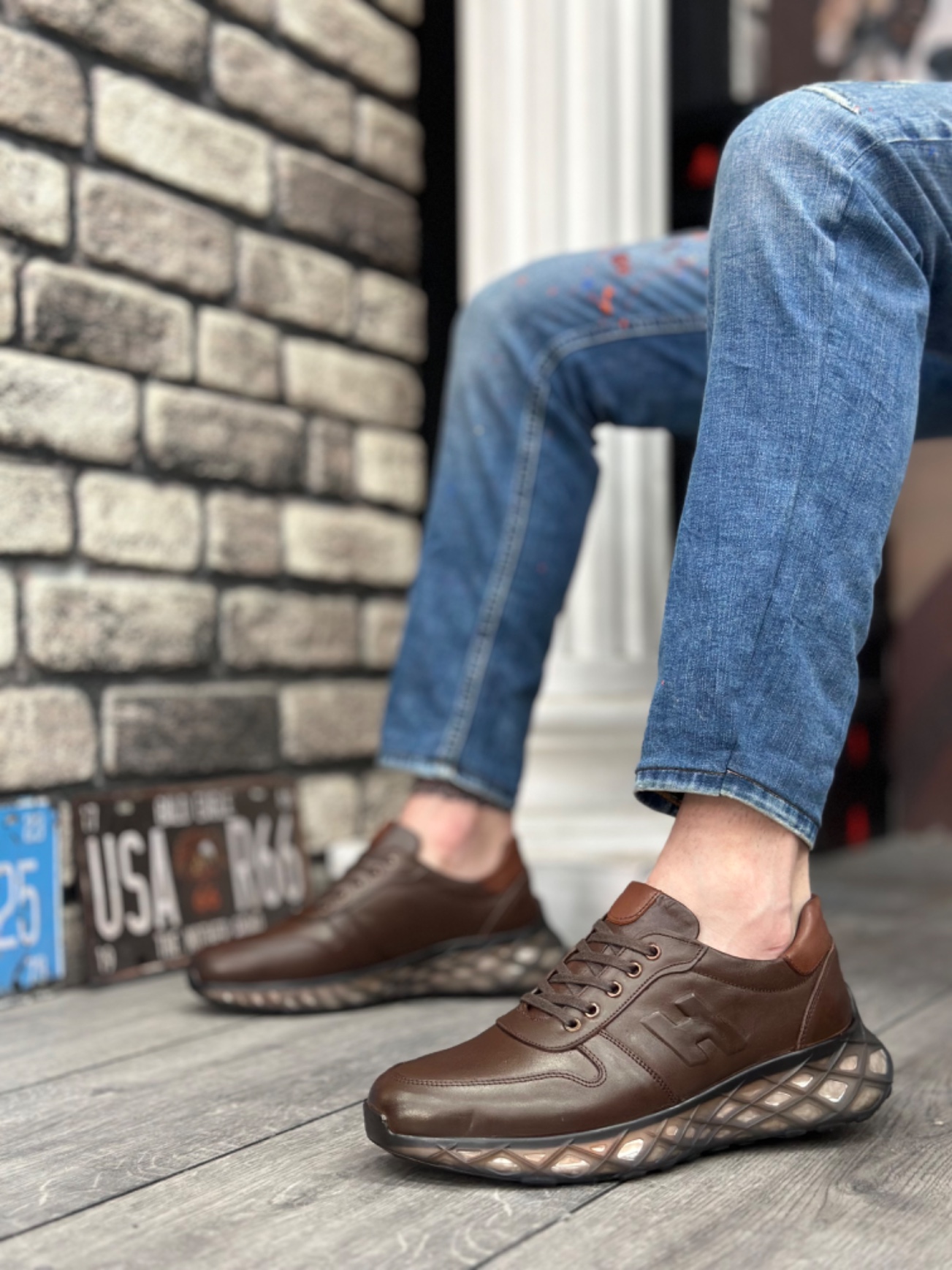 CLZ946 İçi Dışı Hakiki Deri Rahat Taban H Detaylı Kahverengi Sneakers Casual Erkek Ayakkabı