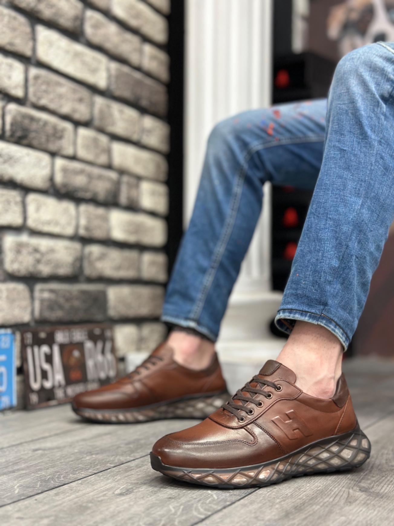 CLZ946 İçi Dışı Hakiki Deri Rahat Taban H Detaylı Taba Sneakers Casual Erkek Ayakkabı
