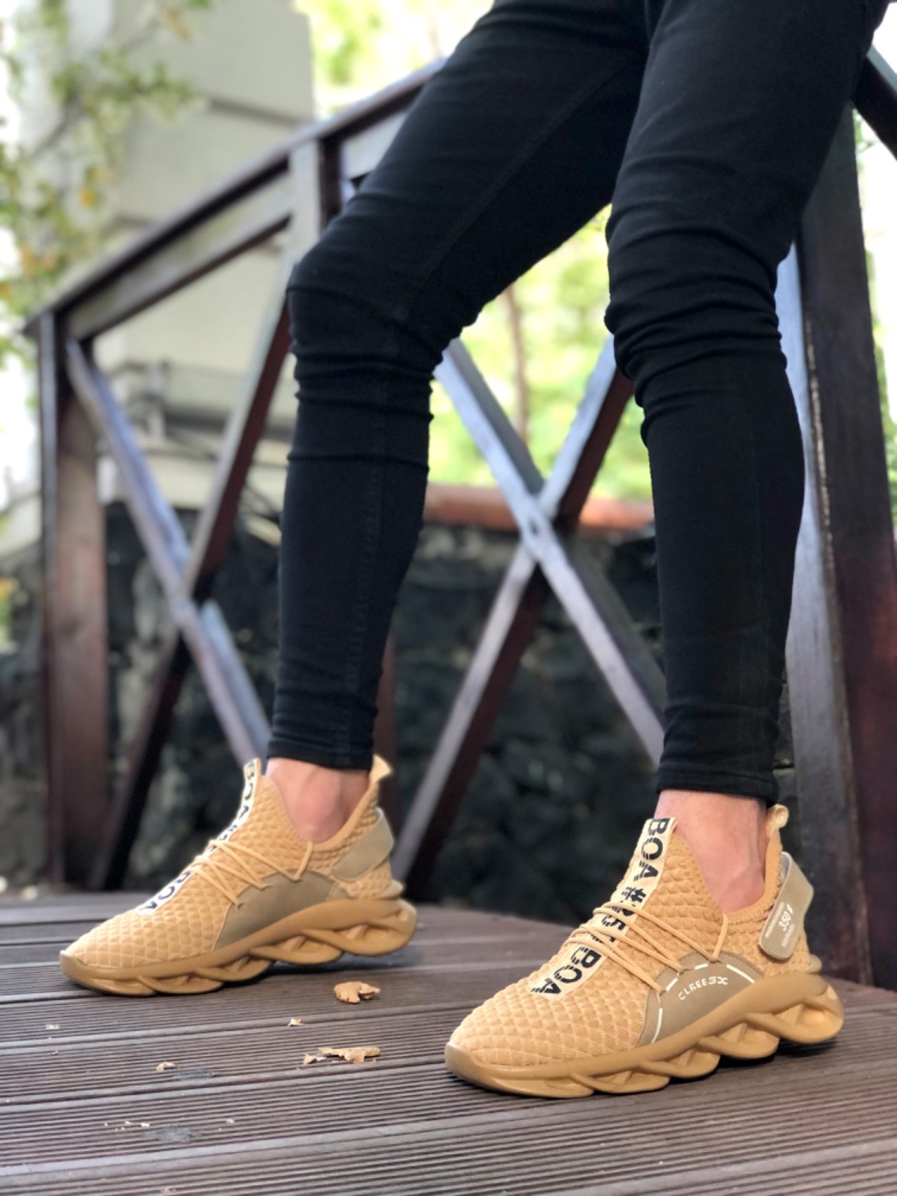 CLZ946 Yüksek Taban Tarz Sneakers Cırt Detaylı Krem Erkek Spor Ayakkabısı