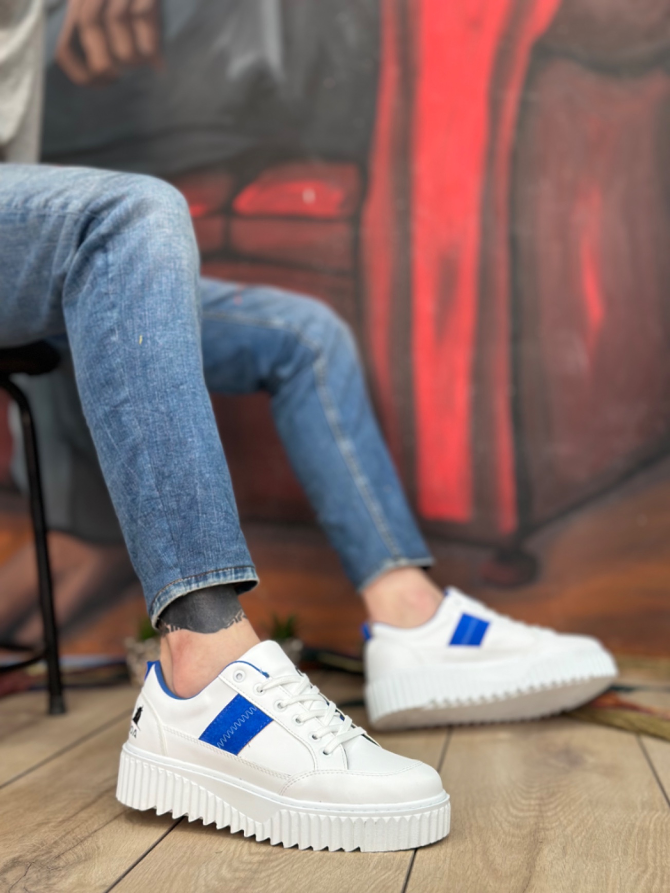CLZ946  Yüksek Beyaz Taban Mavi Detaylı Bağcıklı Erkek Ayakkabı