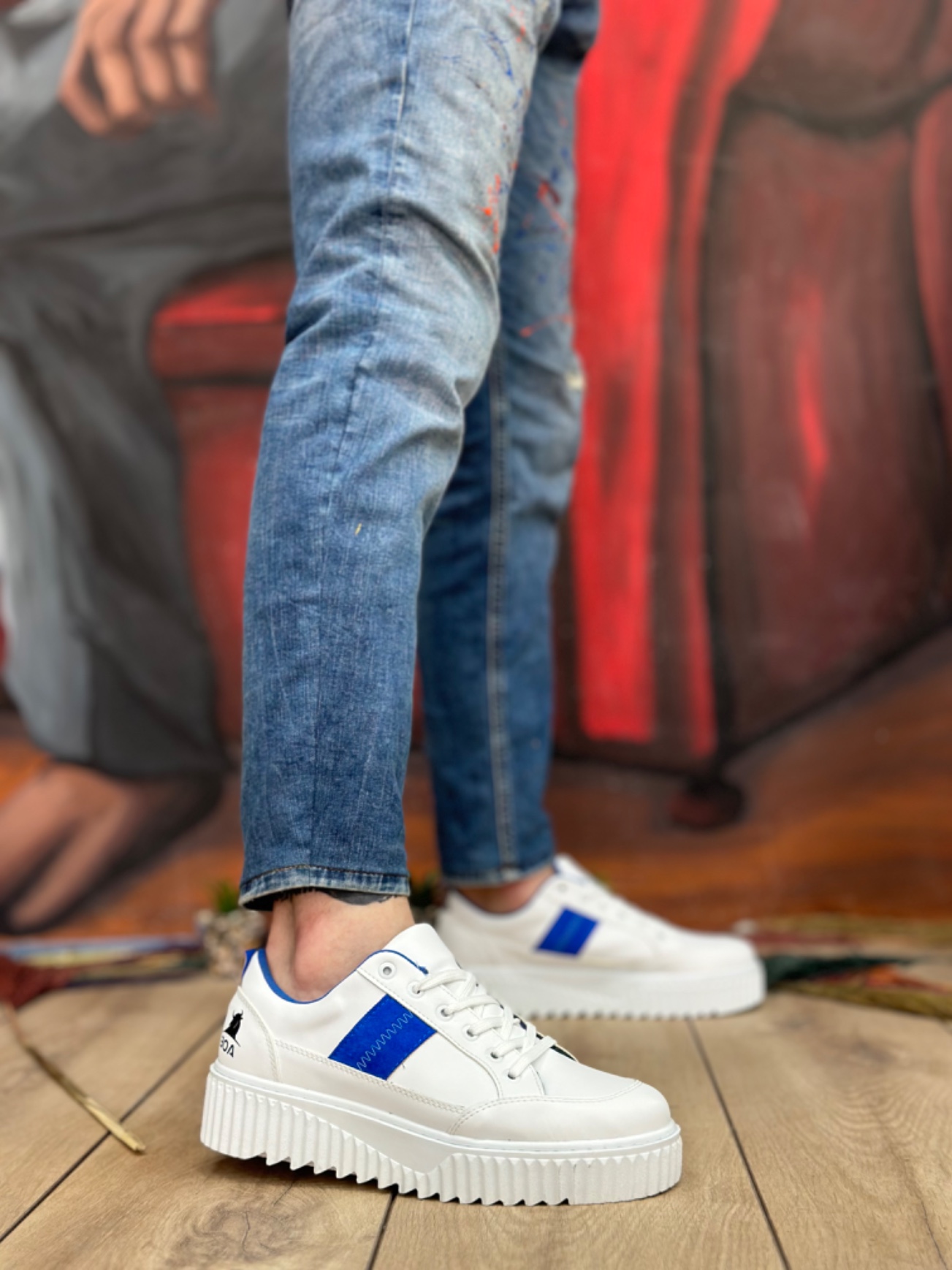 CLZ946  Yüksek Beyaz Taban Mavi Detaylı Bağcıklı Erkek Ayakkabı