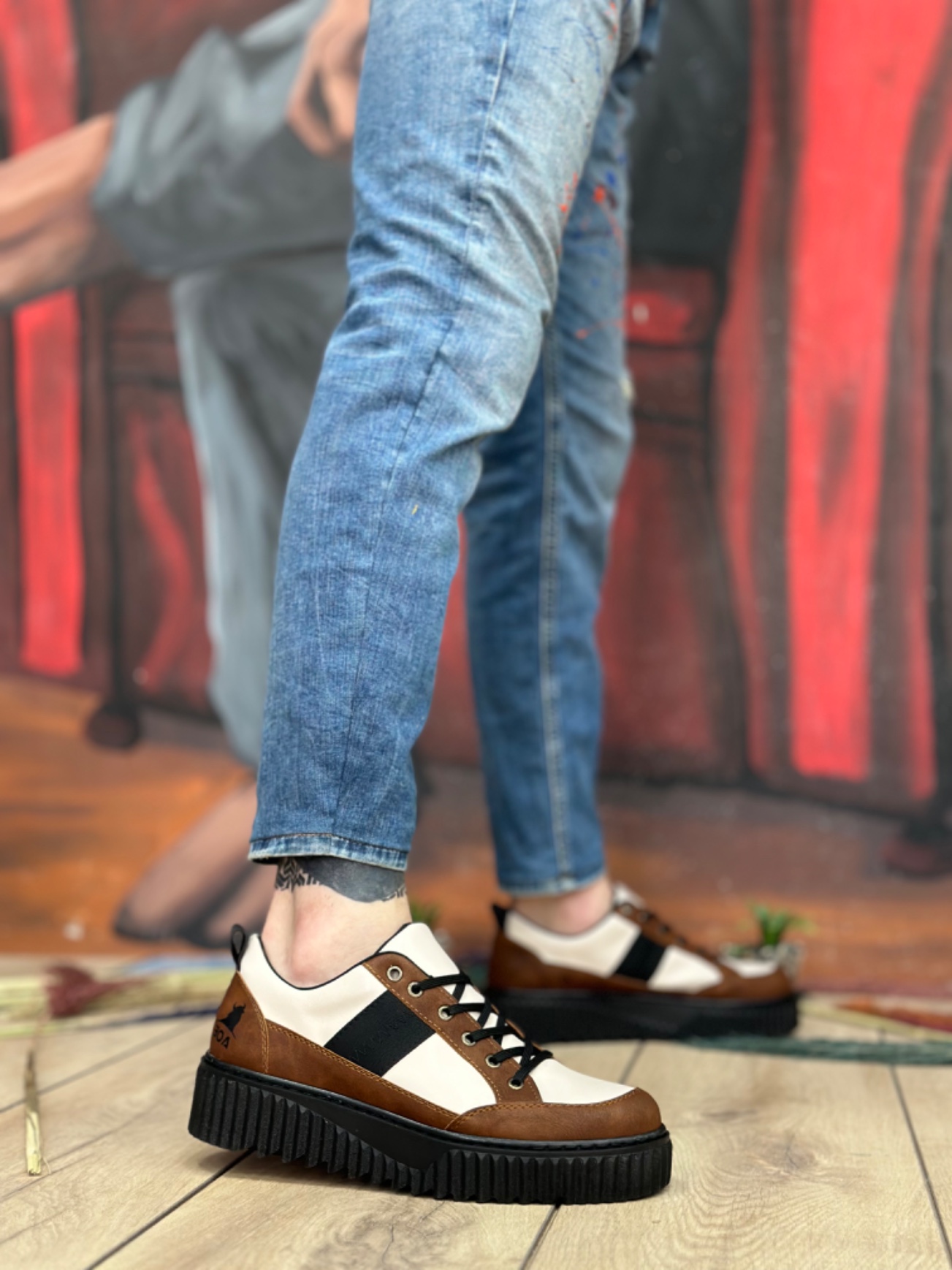 CLZ946  Yüksek Siyah Taban Kahve Detaylı Bağcıklı Erkek Ayakkabı