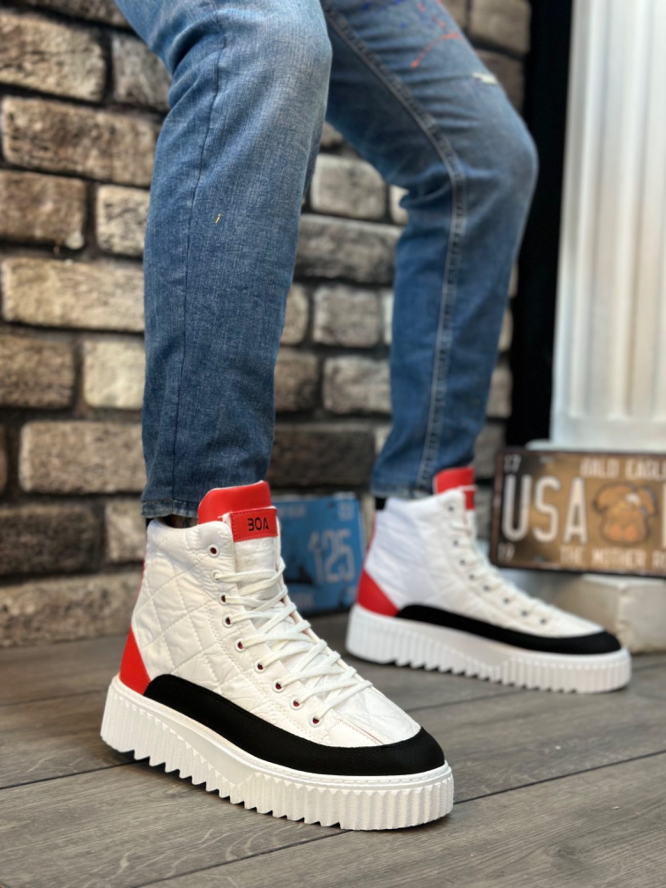 CLZ946  Yüksek Taban Beyaz Paraşüt Kumaş Kırmızı Cilt Detaylı Erkek Ayakkabı