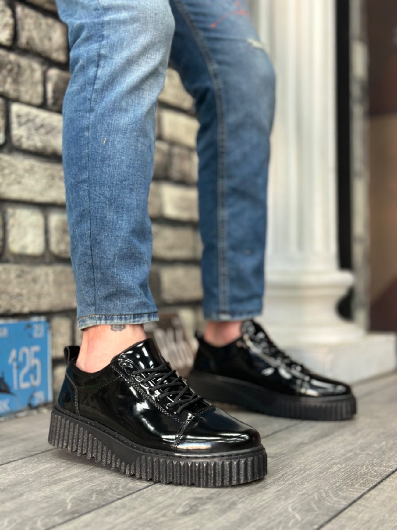 CLZ946  Yüksek Taban Rugan Siyah Bağcıklı Erkek Ayakkabı