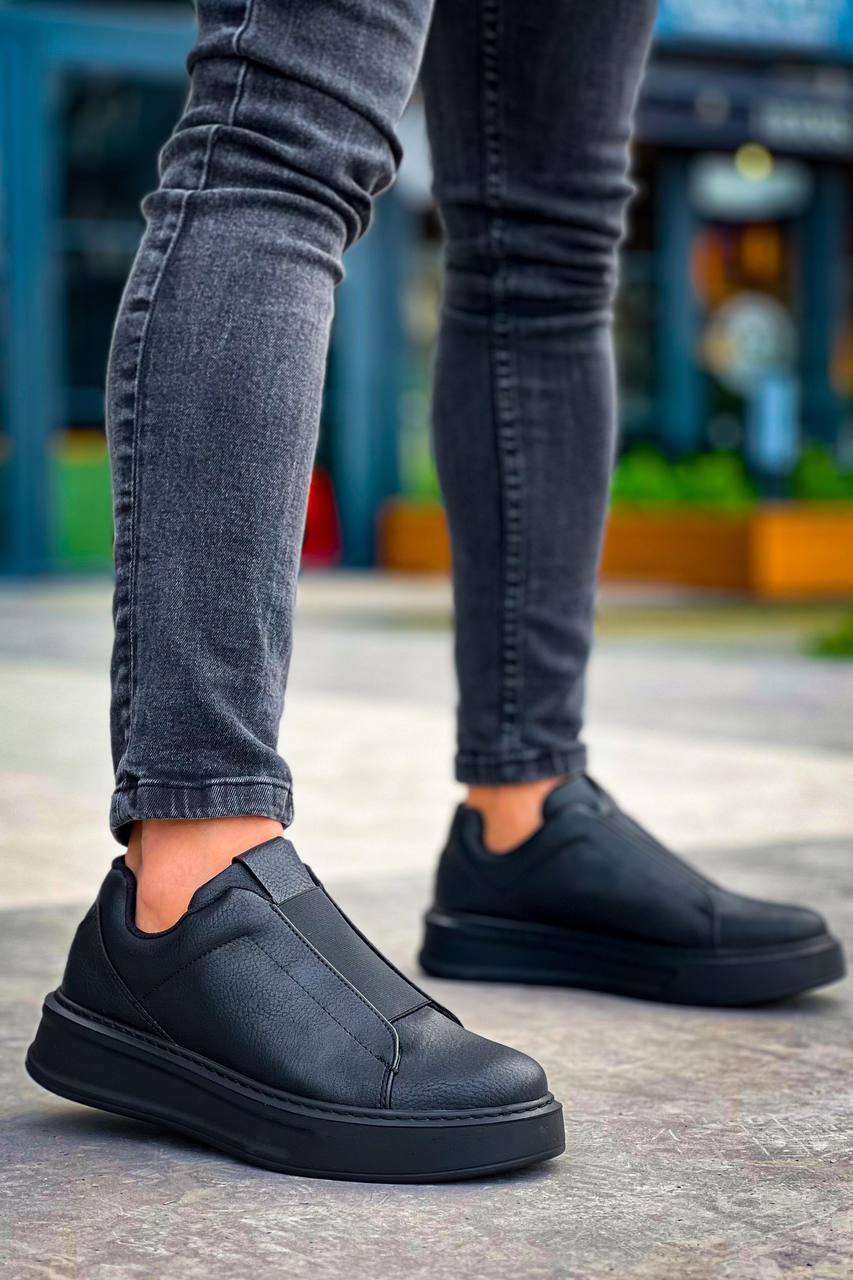 CLZ946 Siyah Siyah Yüksek Taban Tek Bant Bağcıksız Günlük Erkek Ayakkabı