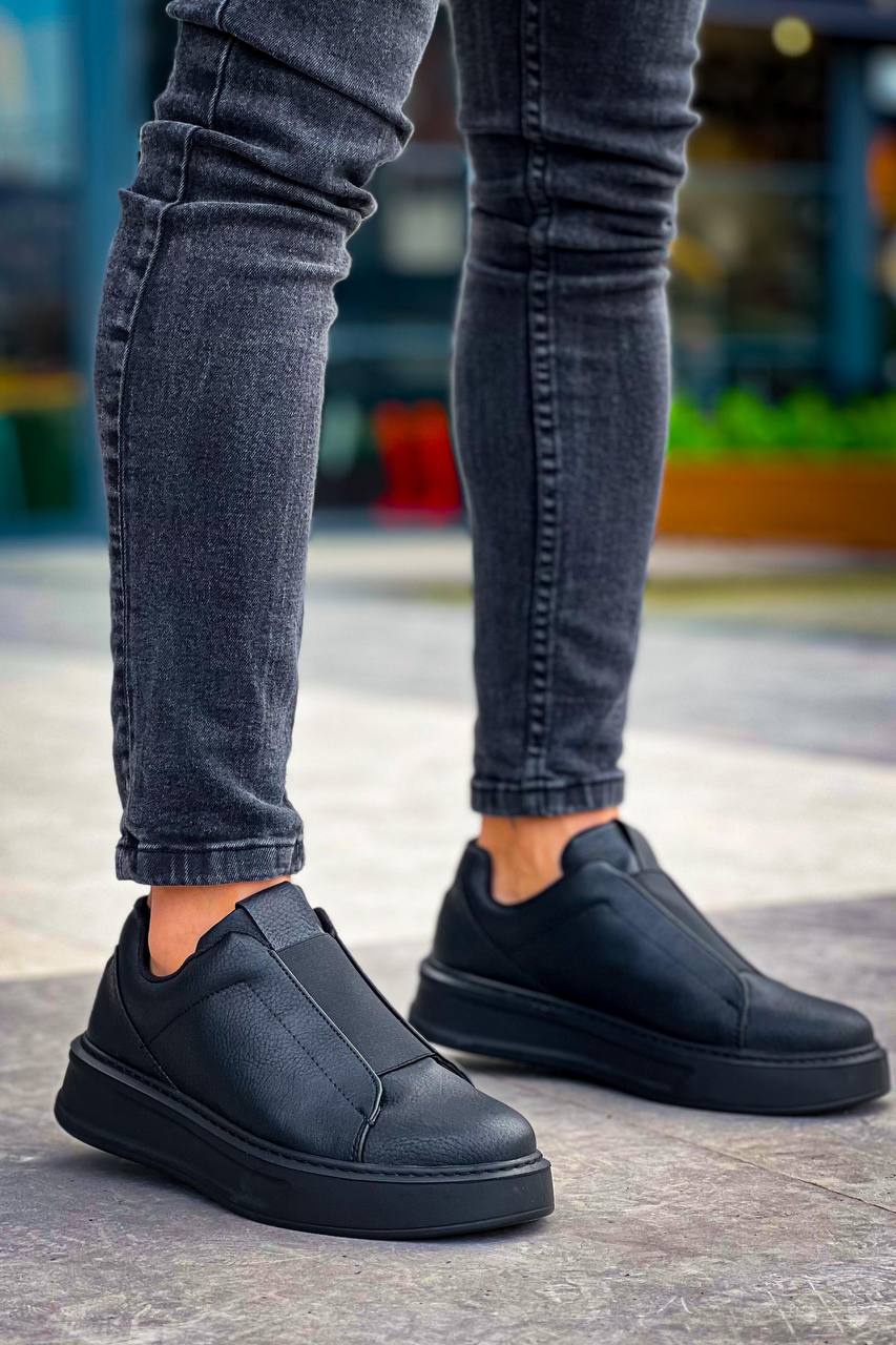 CLZ946 Siyah Siyah Yüksek Taban Tek Bant Bağcıksız Günlük Erkek Ayakkabı