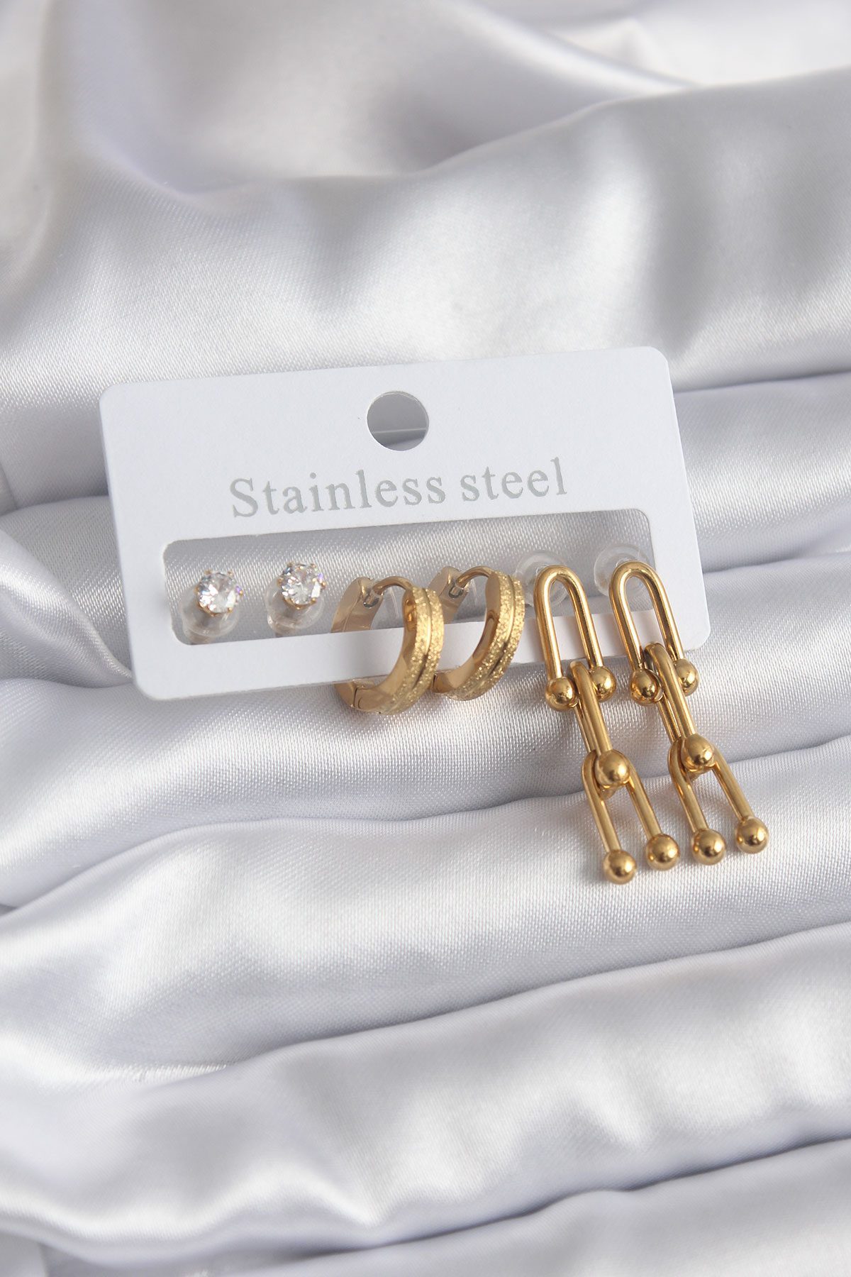 CLZ943  316L Çelik Gold Renk Tiffany Model Zirkon Taş Detay Kadın Küpe Seti