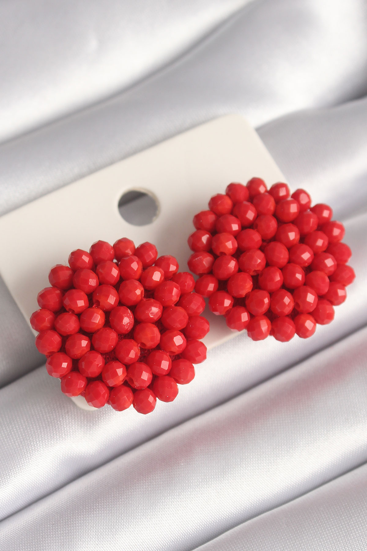 CLZ943  Kırmızı Renk Kristal Düğme Model Kadın Küpe