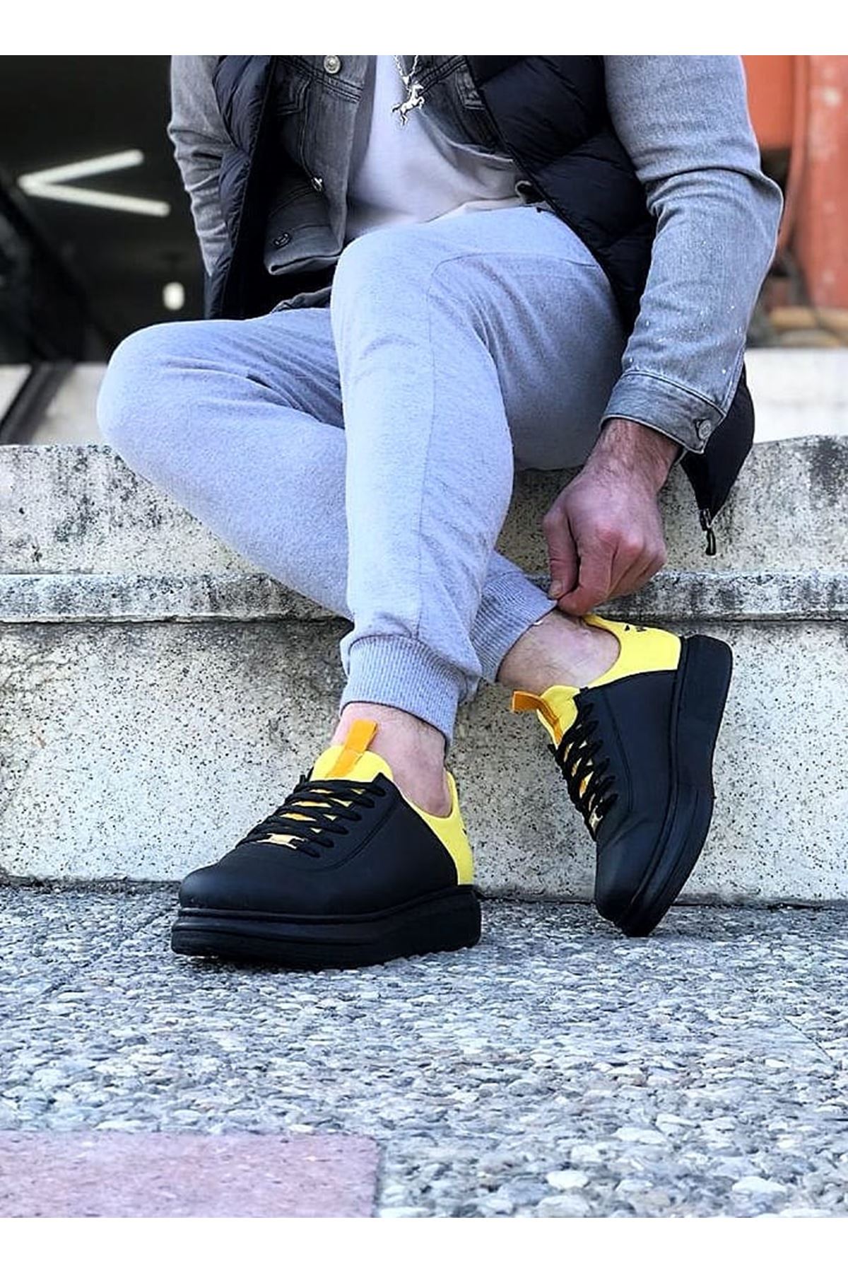 CLZ943 Kömür Sarı Kalın Taban Casual Erkek Ayakkabı