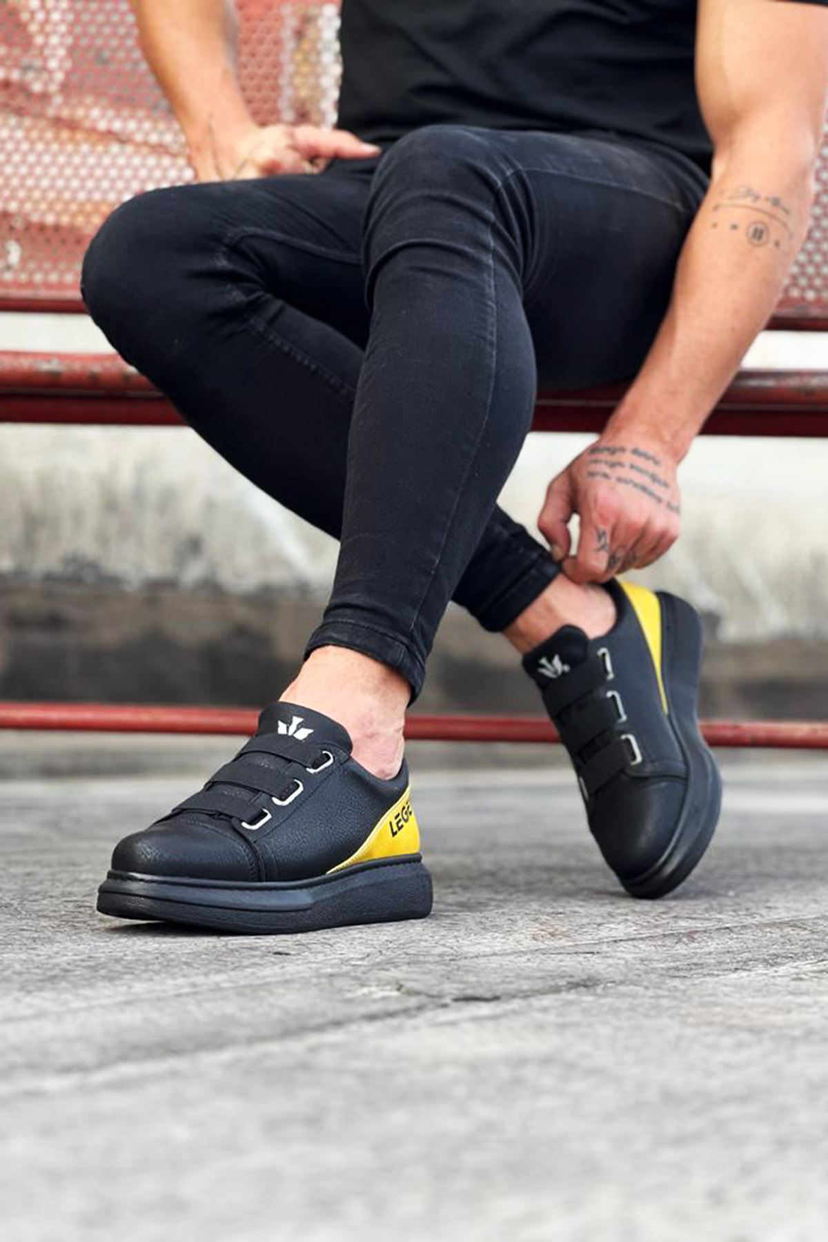 CLZ943 3 Bant Legend Kömür Sarı Kalın Taban Casual Erkek Ayakkabı