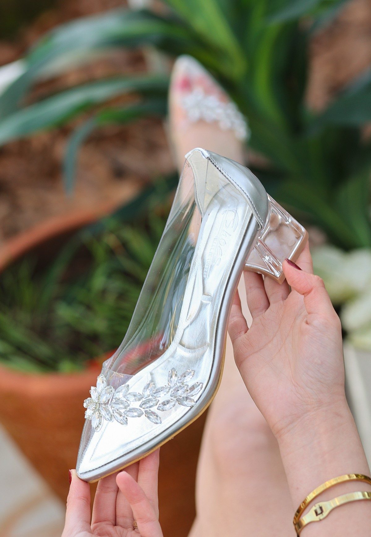 CLZ943 Gümüş Cilt Şeffaf Topuklu Ayakkabı