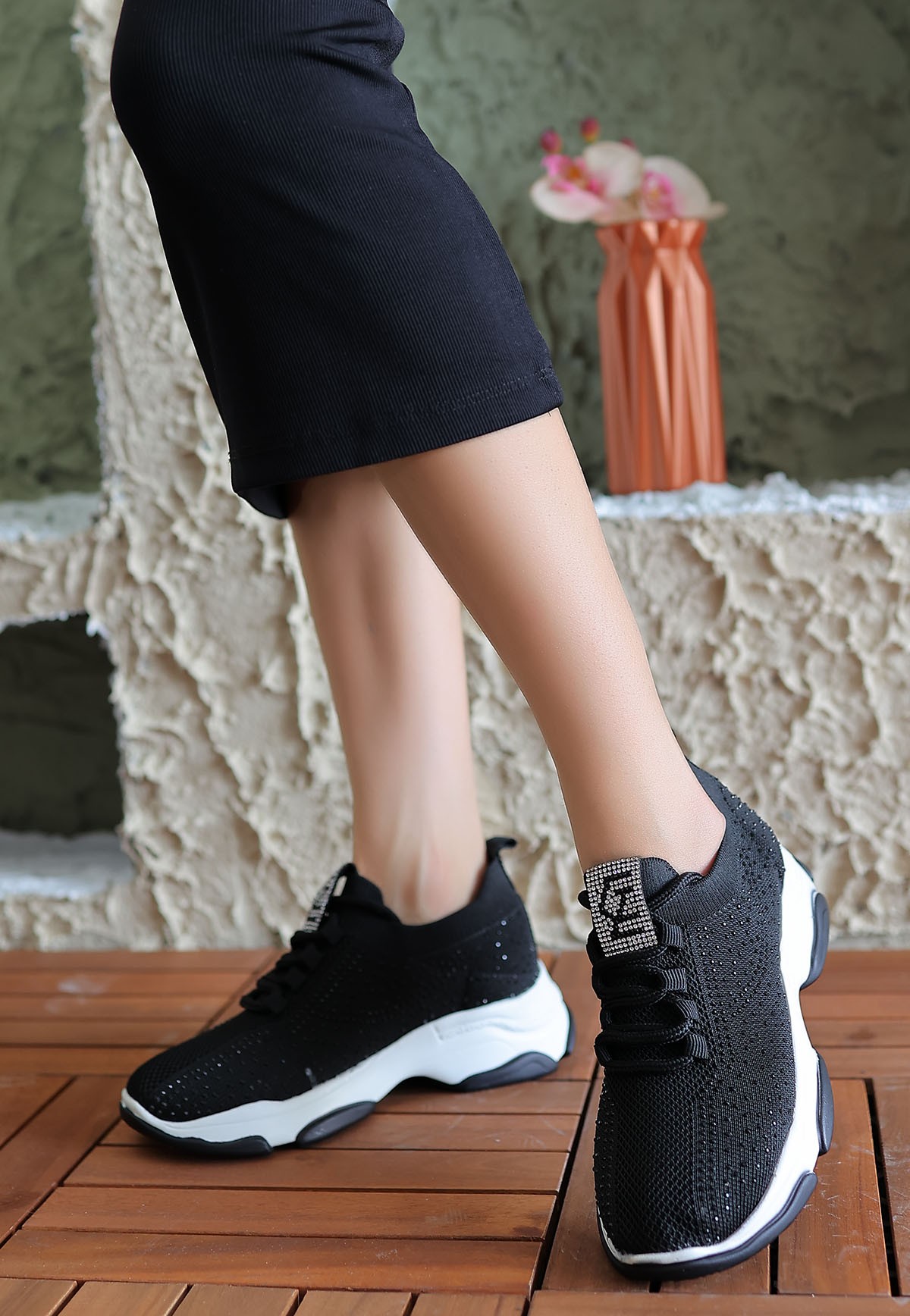 CLZ943 Siyah Triko Bağcıklı Spor Ayakkabı
