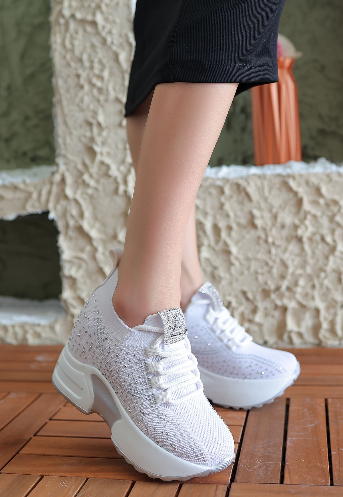 CLZ943 Beyaz Triko Bağcıklı Spor Ayakkabı