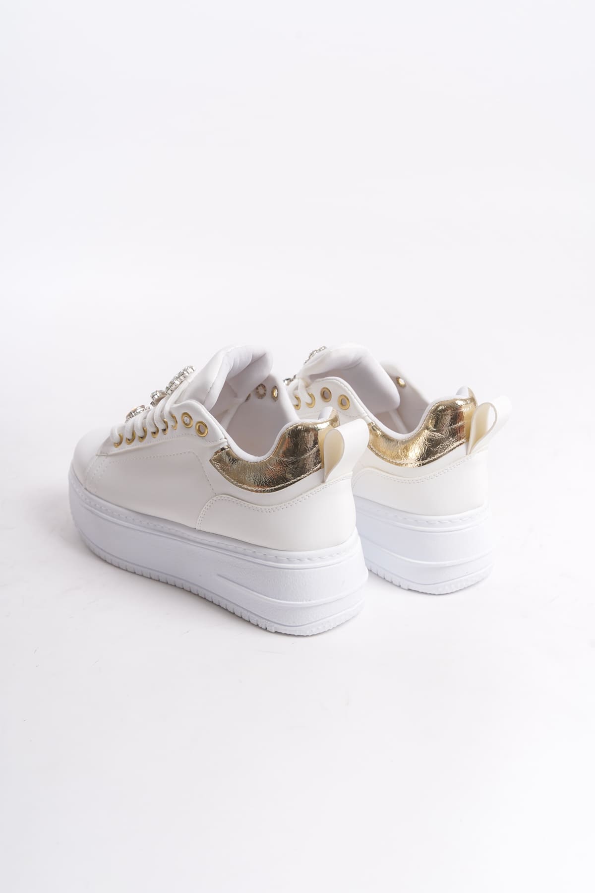CLZ948  Bağcıklı Ortopedik Taban Renkli Taş Dekorlu Kadın Sneaker Ayakkabı BT Beyaz/Altın