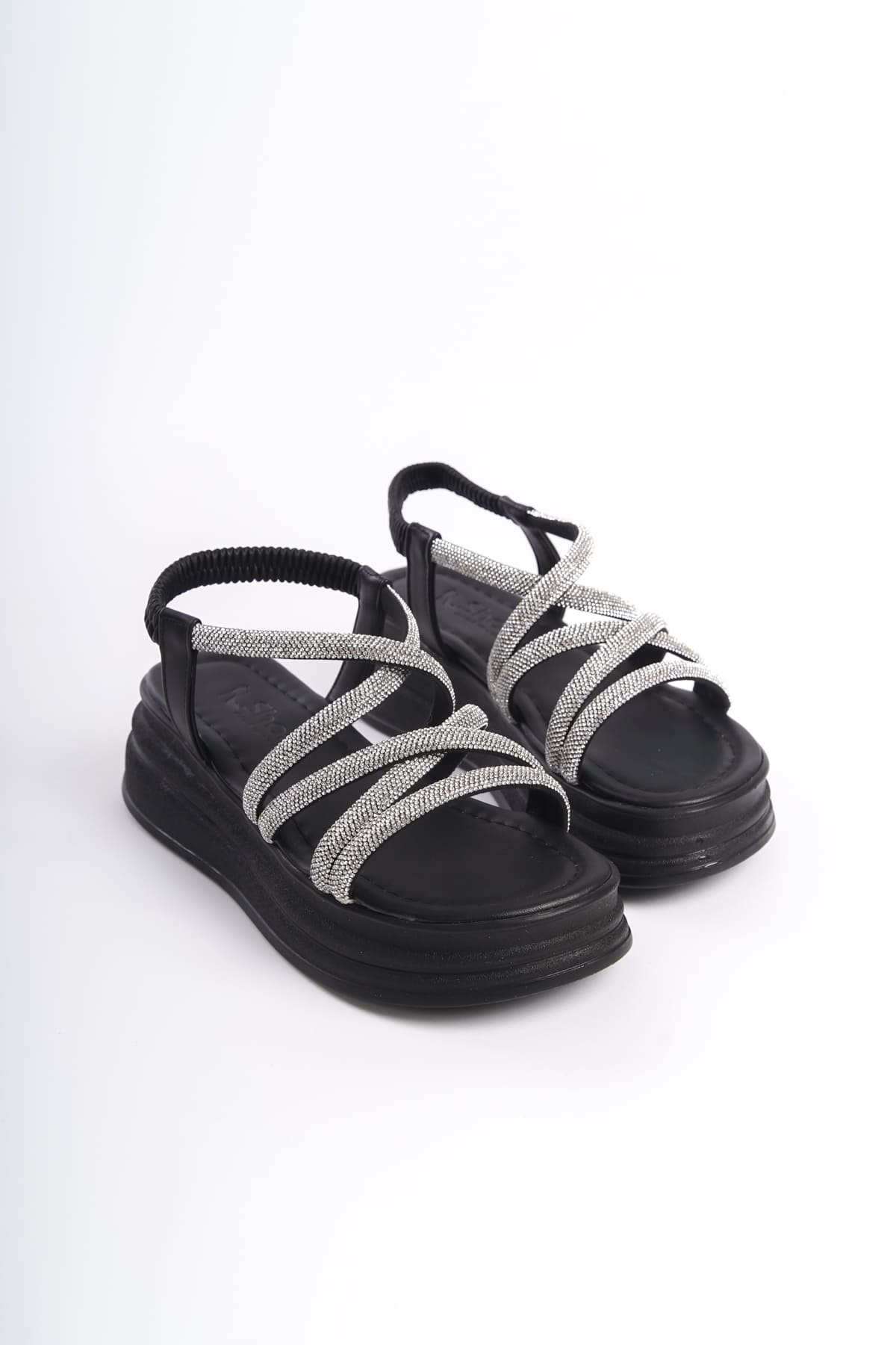 CLZ948  Lastikli Taşlı Şeritli Ortopedik Taban Kadın Sandalet ST Siyah