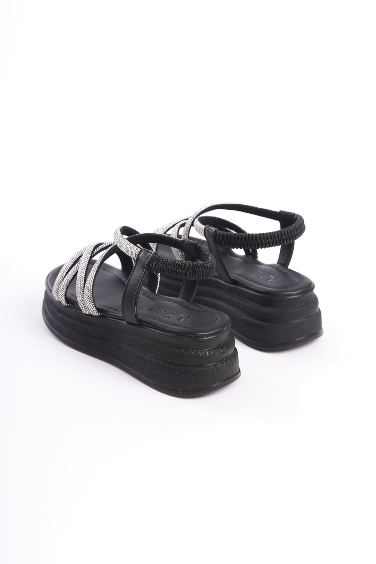 CLZ948  Lastikli Taşlı Şeritli Ortopedik Taban Kadın Sandalet ST Siyah