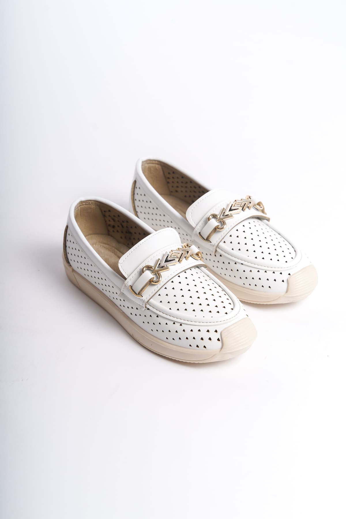 CLZ948  Bağcıksız Ortopedik Rahat Taban Kalp Desenli Babet Ayakkabı KT Beyaz