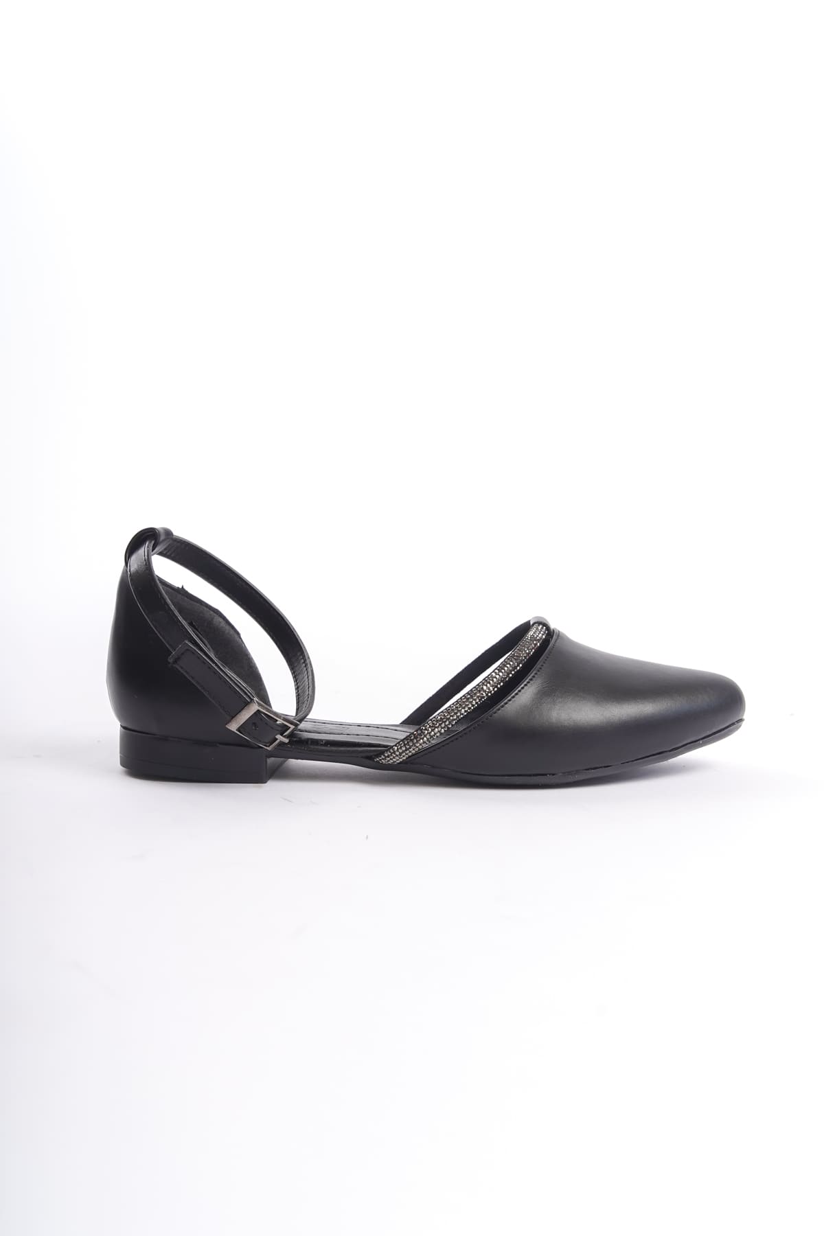 CLZ948  Tokalı Ortopedik Rahat Taban Taş Detaylı Kadın Babet Ayakkabı ST Siyah