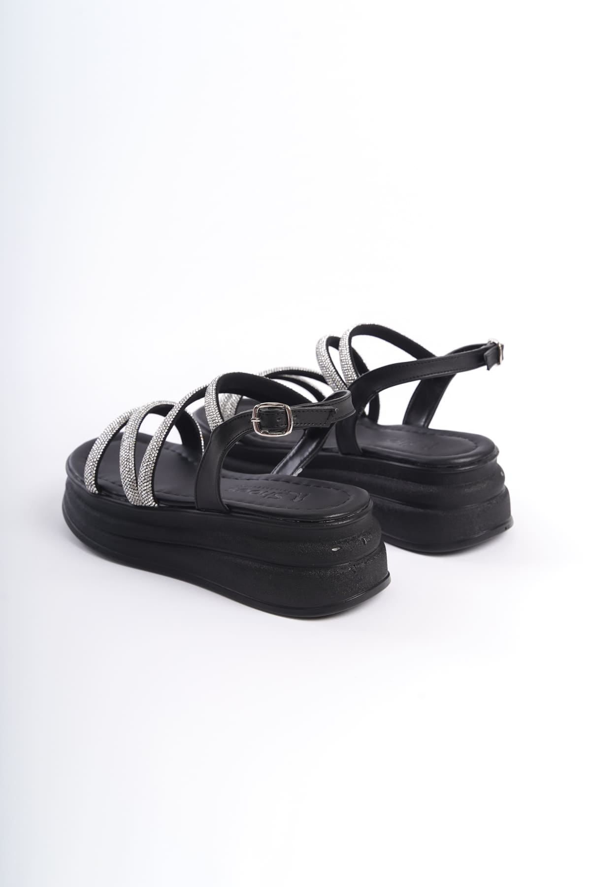 CLZ948  İnce Tokalı Taşlı Şeritli Ortopedik Taban Kadın Sandalet ST Siyah