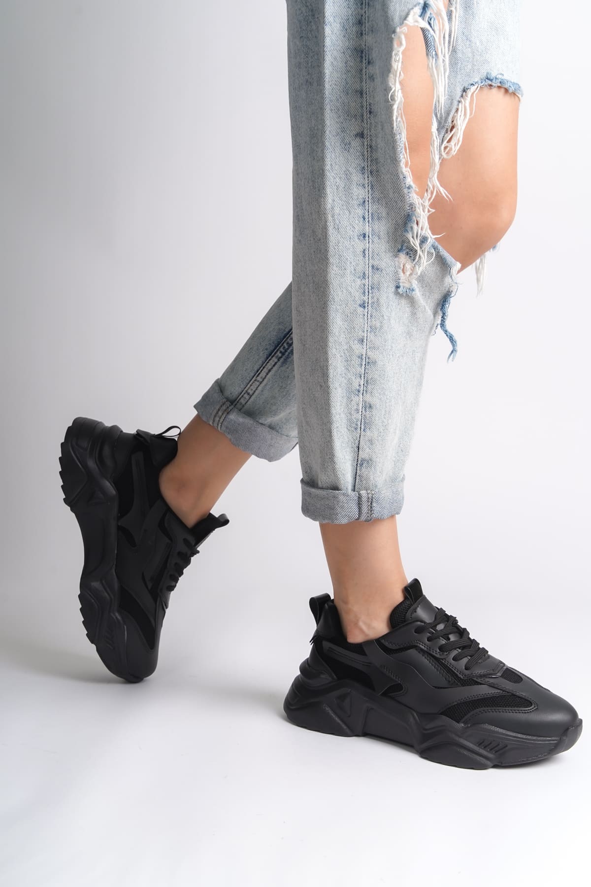 CLZ948  Bağcıklı Ortopedik Taban Triko Detaylı Kadın Spor Ayakkabı ST Siyah
