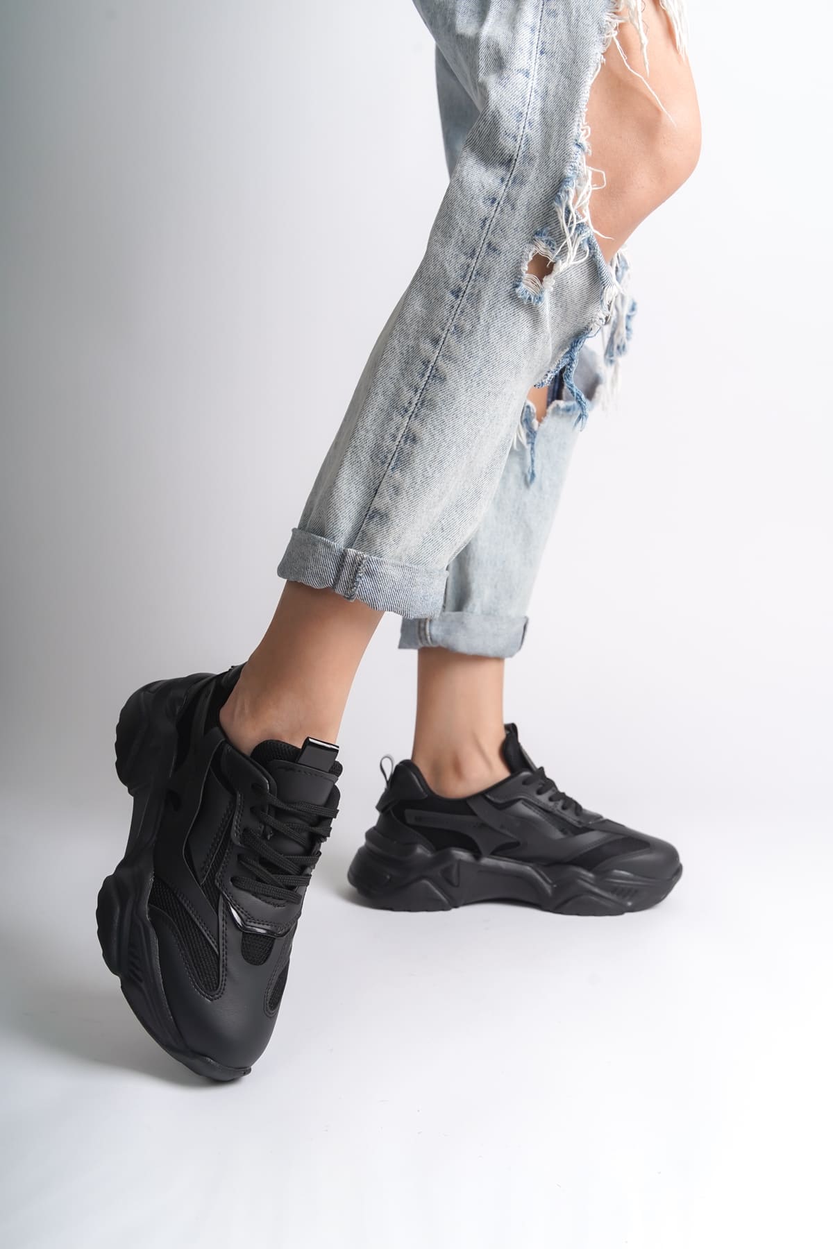 CLZ948  Bağcıklı Ortopedik Taban Triko Detaylı Kadın Spor Ayakkabı ST Siyah