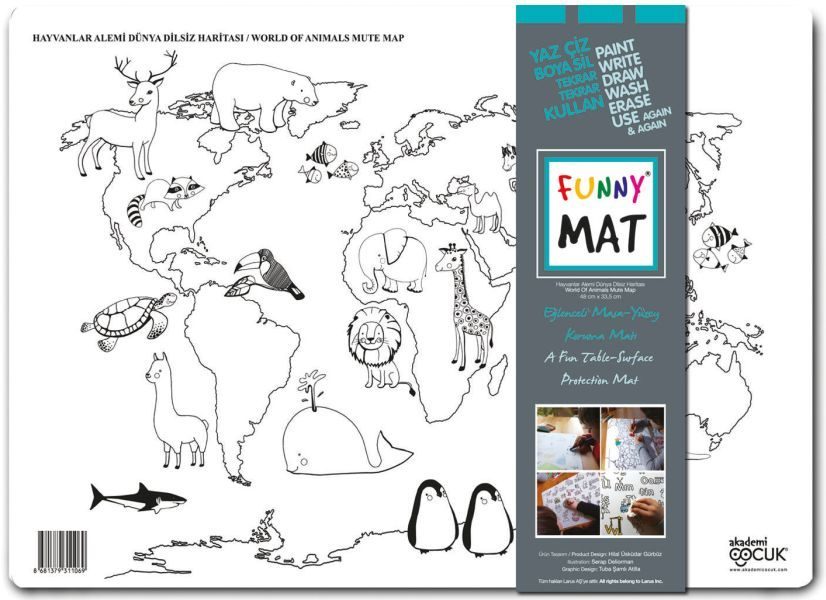 CLZ404 Funny Mat - Hayvanlar Alemi Dünya Dilsiz Haritası - Küçük 33,5x48cm
