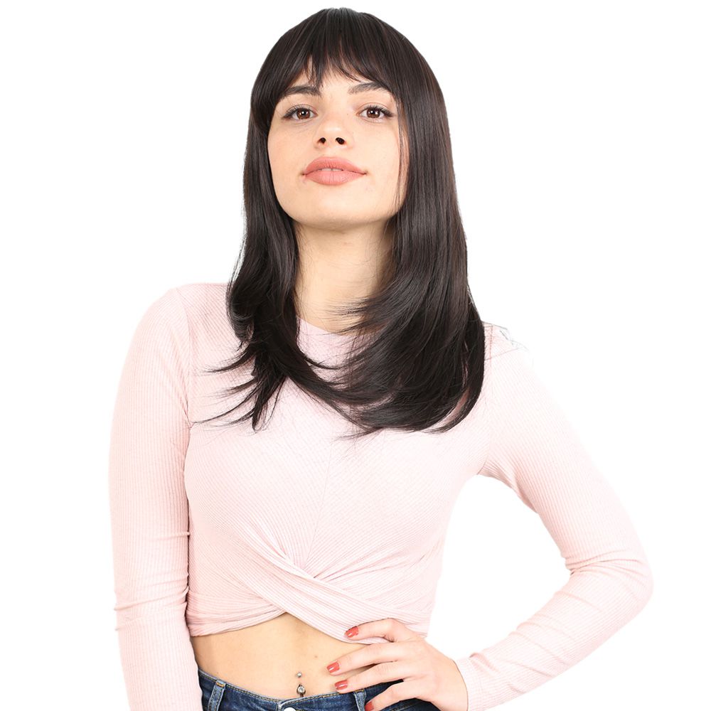 Düz Perçemli Orta Boy Fiber Sentetik Peruk / Kahverengi
