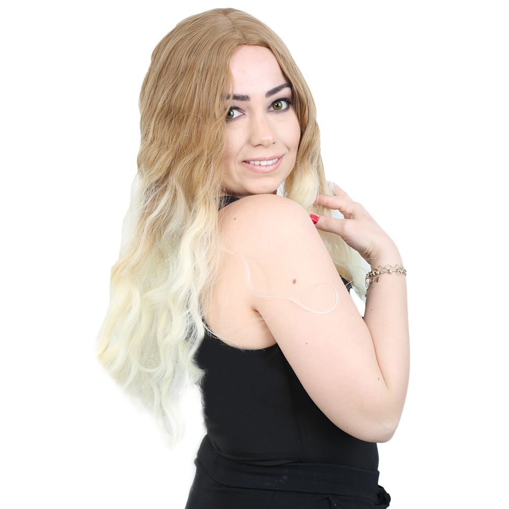 Su Dalgası Uzun Perçemsiz Fiber Sentetik Peruk / Balköpüğü / Platin Orta Ombreli