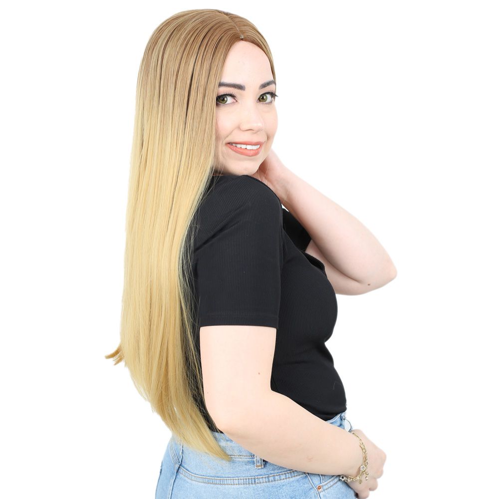 Fiber Sentetik Uzun Düz Peruk / Kumral / Sarı Ombreli