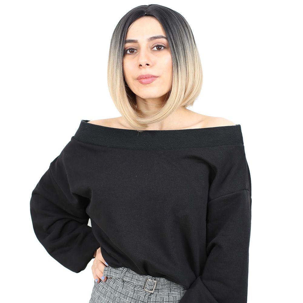 Kahkülsüz Düz Kısa Fiber Sentetik Peruk / Siyah / Balköpüğü Ombreli