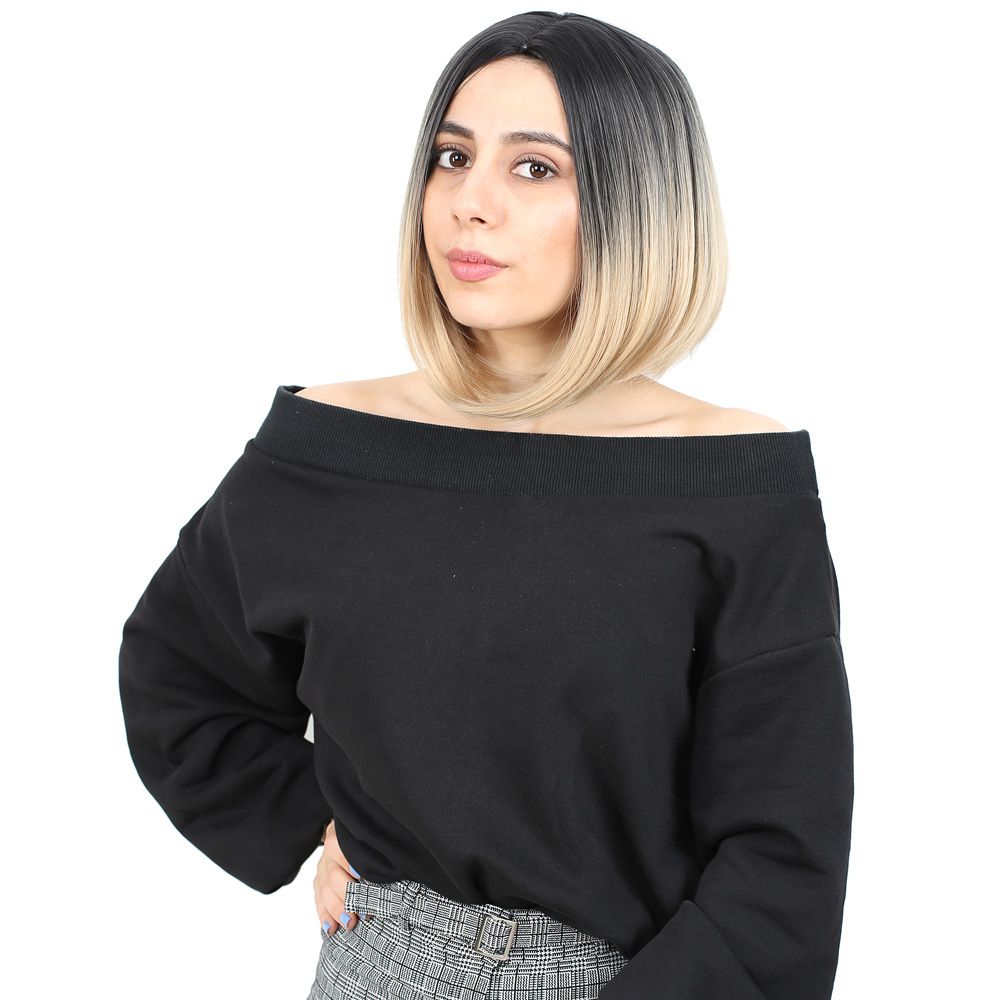 Kahkülsüz Düz Kısa Fiber Sentetik Peruk / Siyah / Balköpüğü Ombreli