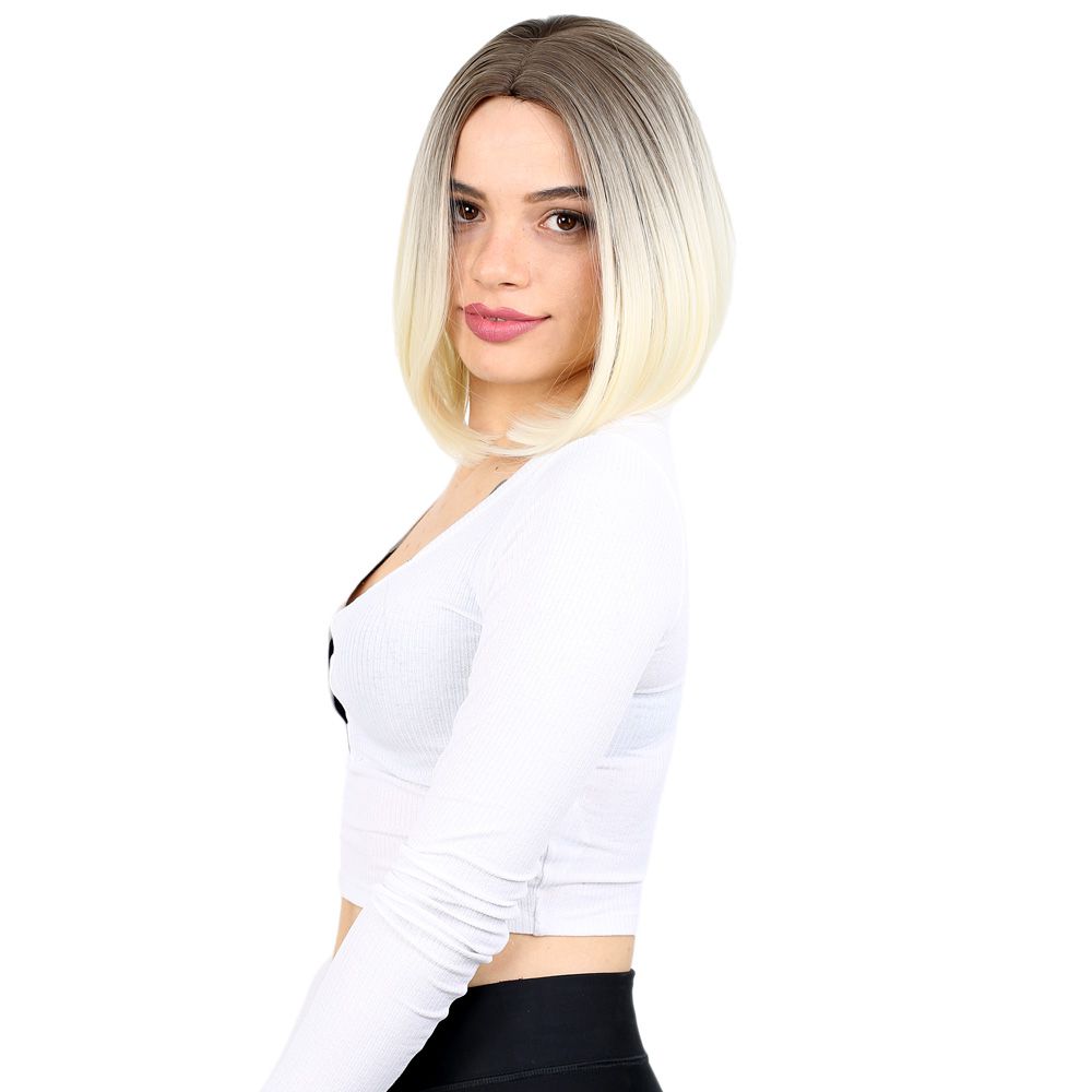 Kahkülsüz Düz Kısa Fiber Sentetik Peruk / Küllü Açık Kahve / Platin Ombreli
