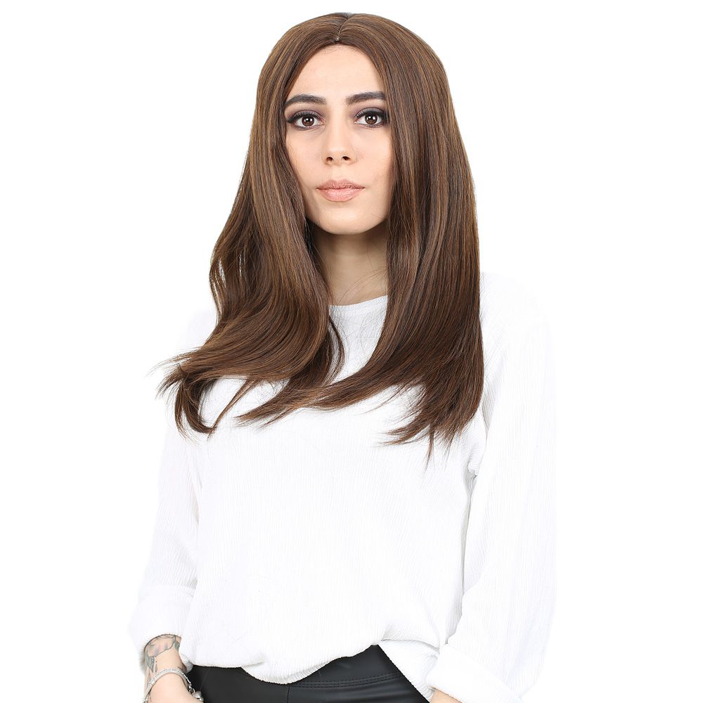 Kahkülsüz Fiber Sentetik Orta Boy Düz Peruk / Kahve Karamel Kahkülsüz Fiber Sentetik Orta Boy Düz Peruk / Kahve Karamel