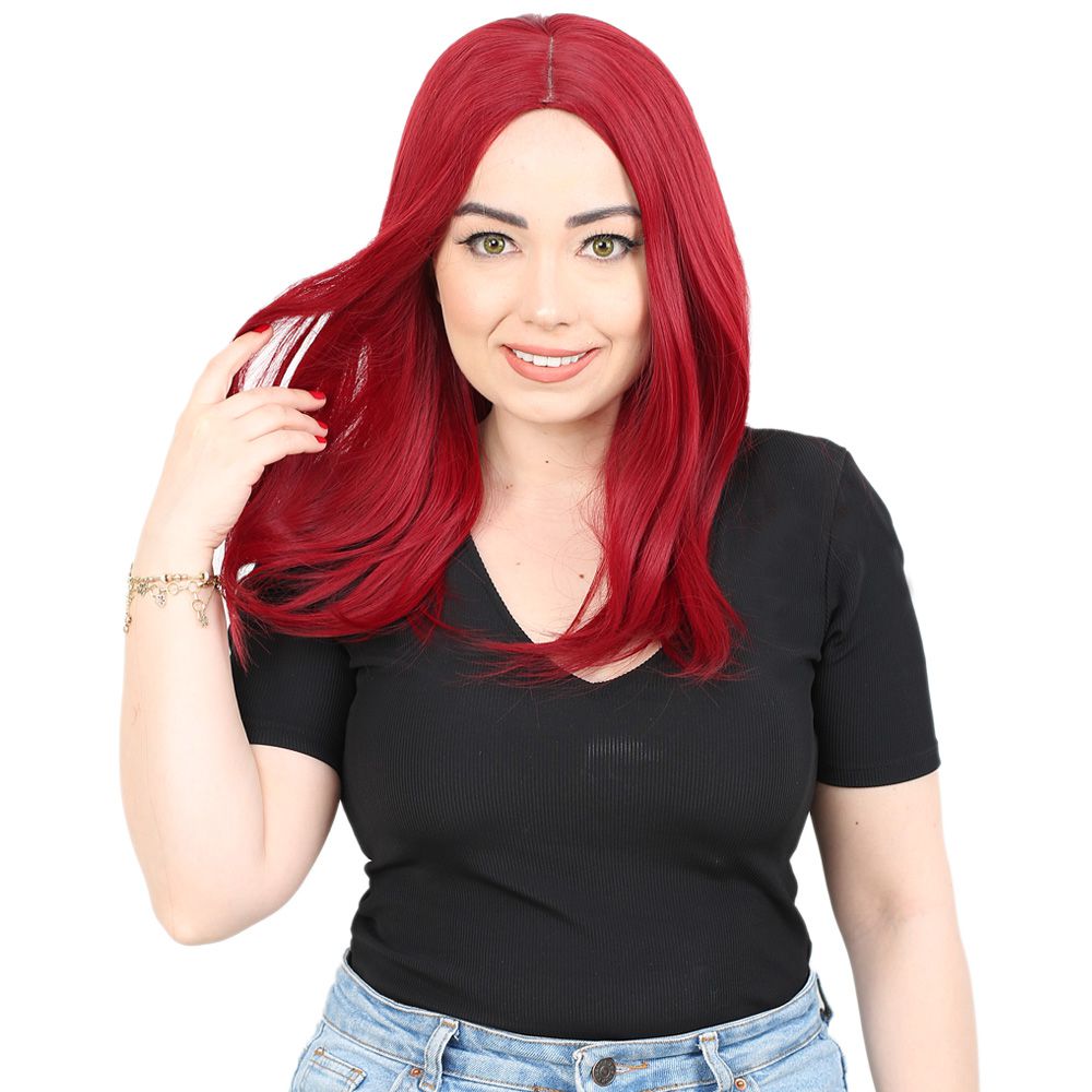 Kahkülsüz Fiber Sentetik Orta Boy Düz Peruk / Kızıl