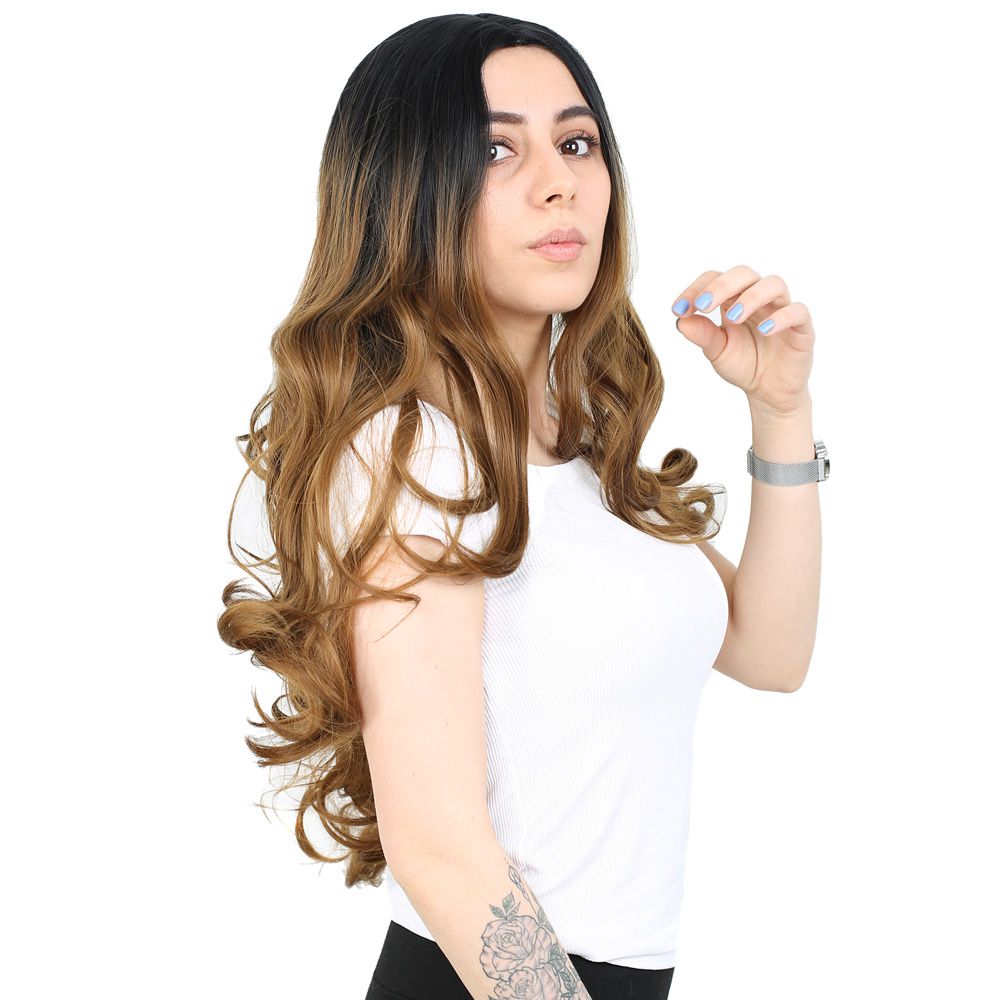 Yoğun Dalgalı Fiber Sentetik Uzun Perçemsiz Peruk / Siyah / Karamel Ombreli