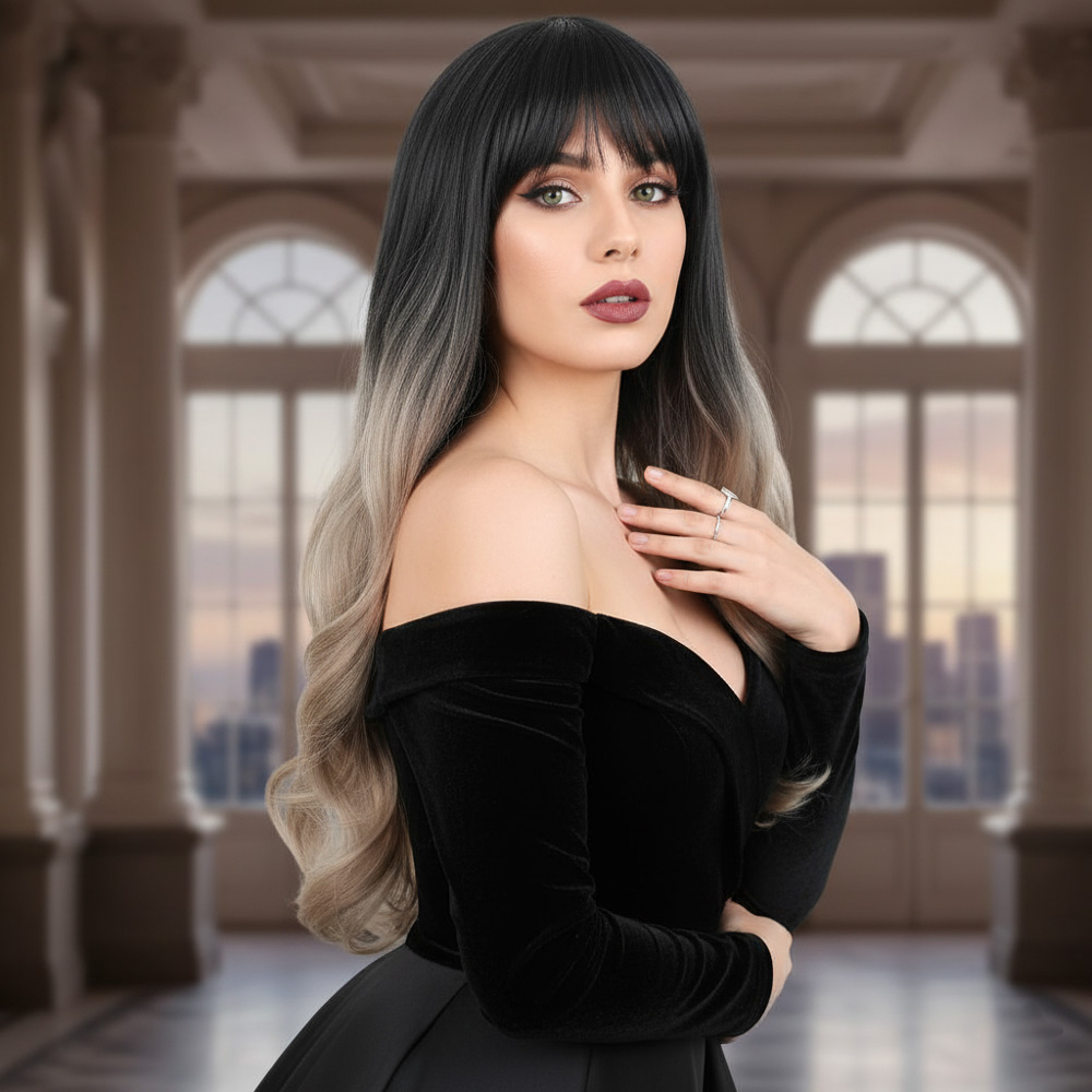 Kahküllü Uzun Dalgalı Fiber Sentetik Peruk / Siyah / Küllü Bebek Sarı  Ombreli