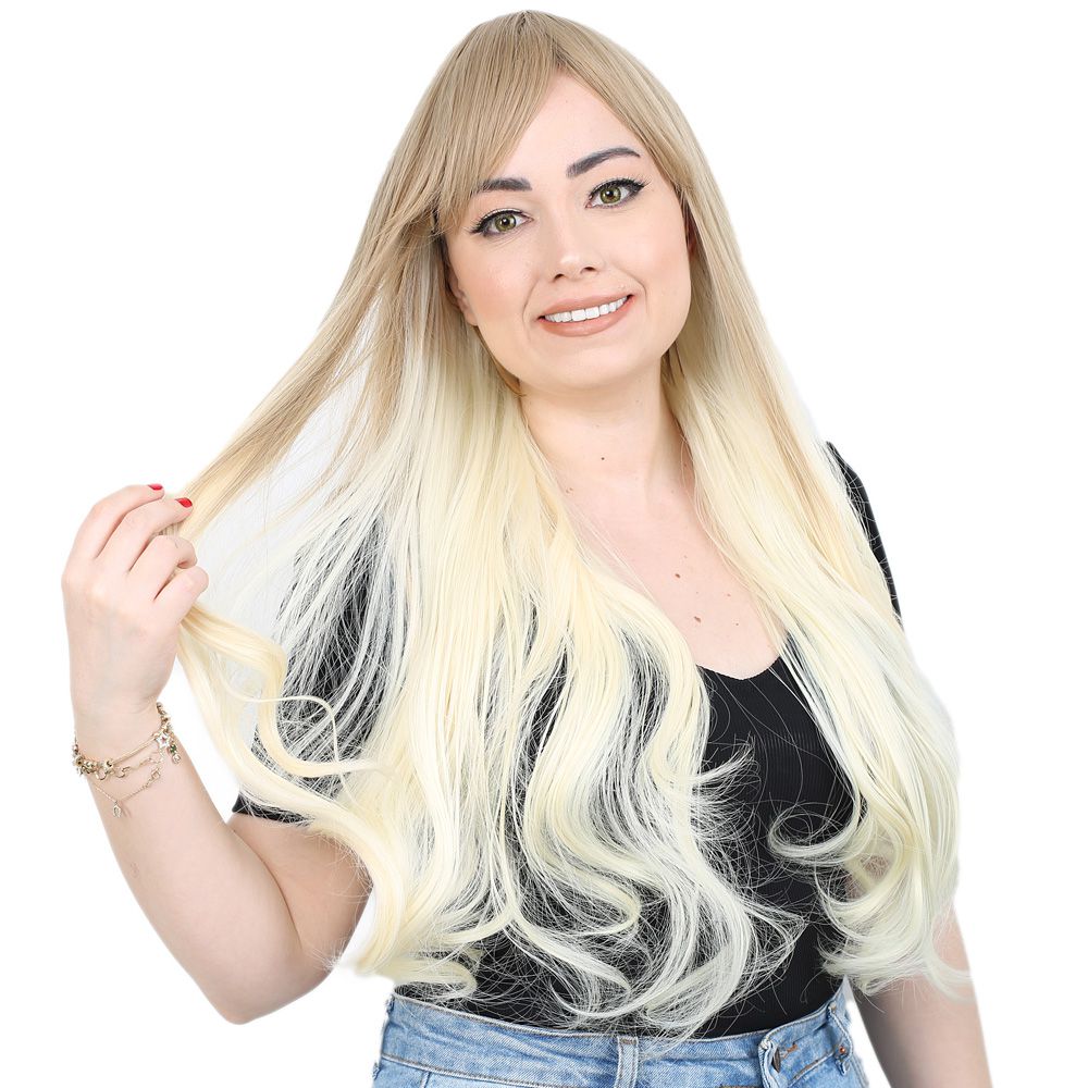 Kahküllü Uzun Dalgalı Fiber Sentetik Peruk / Küllü Balköpüğü / Platin Ombreli Kahküllü Uzun Dalgalı Fiber Sentetik Peruk / Küllü Balköpüğü / Platin Ombreli