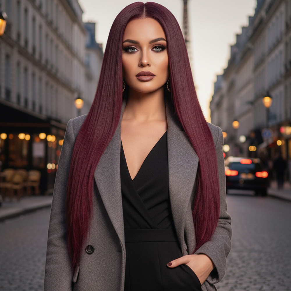 Gerçek Front Lace Tül Peruk / Düz / Koyu Kızıl 70/75cm