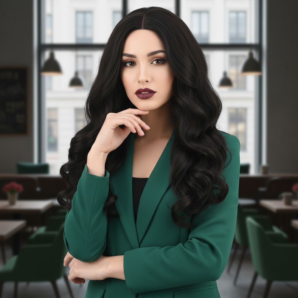 Dalgalı Perçemsiz Uzun Fiber Sentetik Peruk / Kestane