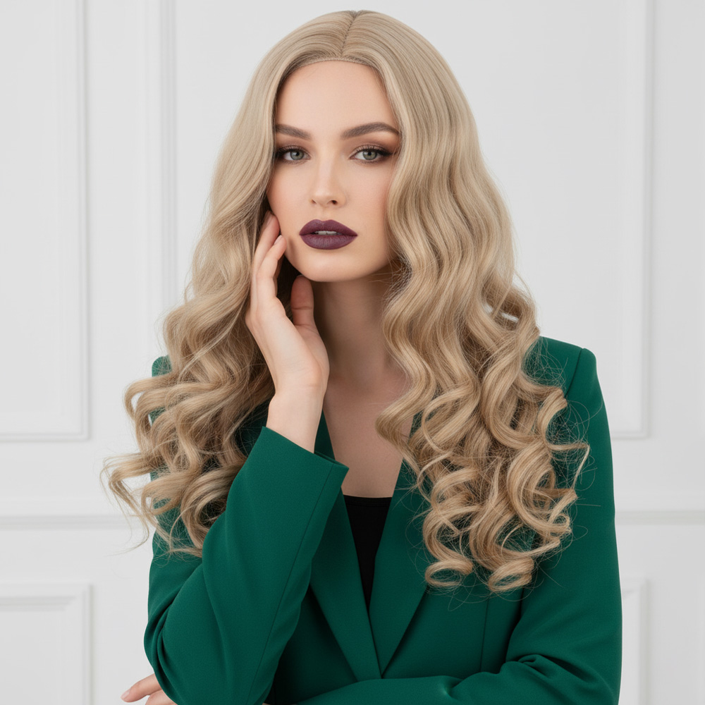 Dalgalı Perçemsiz Uzun Fiber Sentetik Peruk / Platin