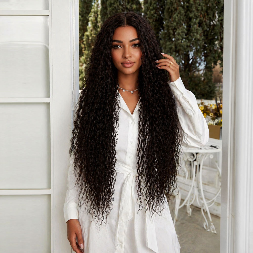 Afro Dalga Fiber Sentetik Tül Peruk / Koyu Kestane