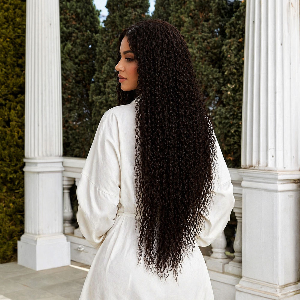 Afro Dalga Fiber Sentetik Tül Peruk / Koyu Kestane