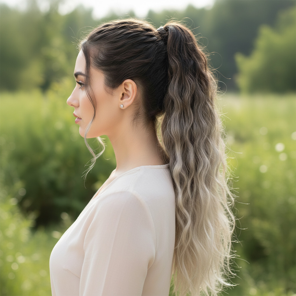 Lastik Tokalı At Kuyruğu Kabarık Afro Dalgalı / Kumral / Beyaz Platin Ombre Lastik Tokalı At Kuyruğu Kabarık Afro Dalgalı / Kumral / Beyaz Platin Ombre