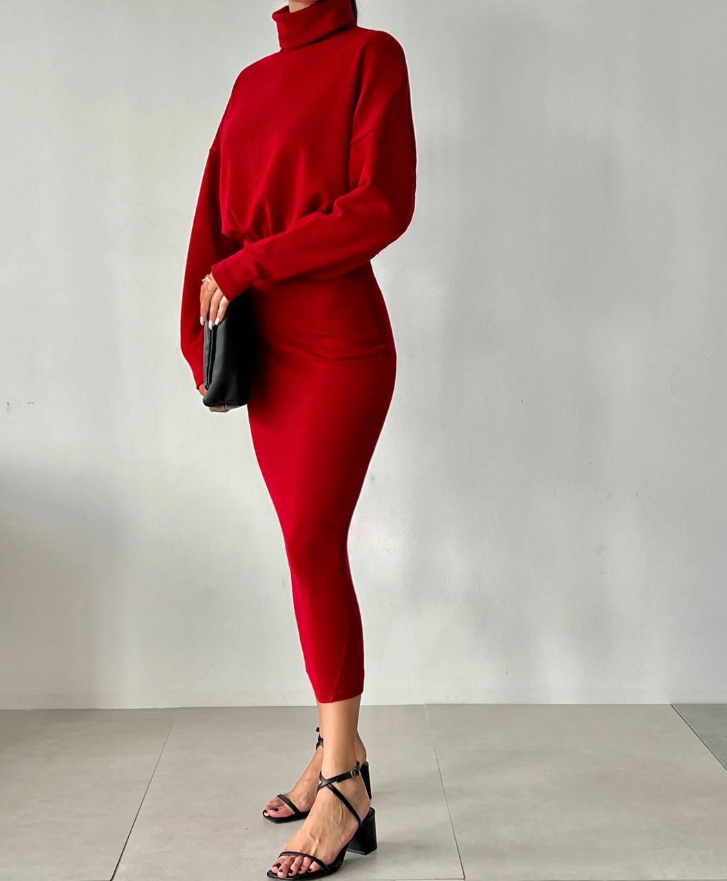 CLZ274 Kadın Balıkçı Yaka Triko Elbise - Kırmızı