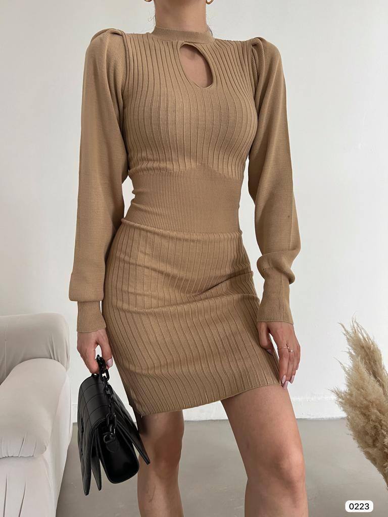 CLZ274 Kadın Kahverengi - Vizon Damla Yaka Detaylı Uzun Kol Triko Elbise Mini Elbise