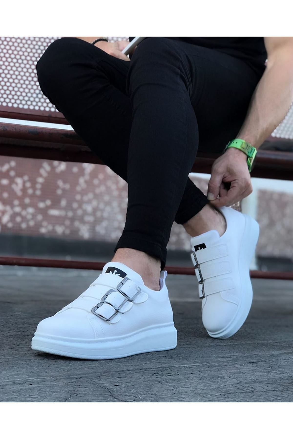 CLZ946  Beyaz Tokalı Kalın Taban Erkek Ayakkabı
