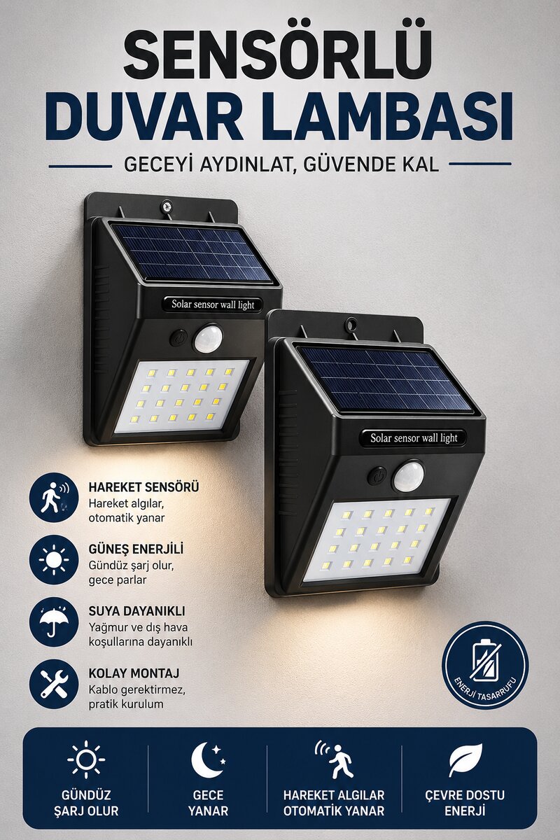 Solar Sensörlü Duvar Lambası Bahçe Lamba 20 Led Işık