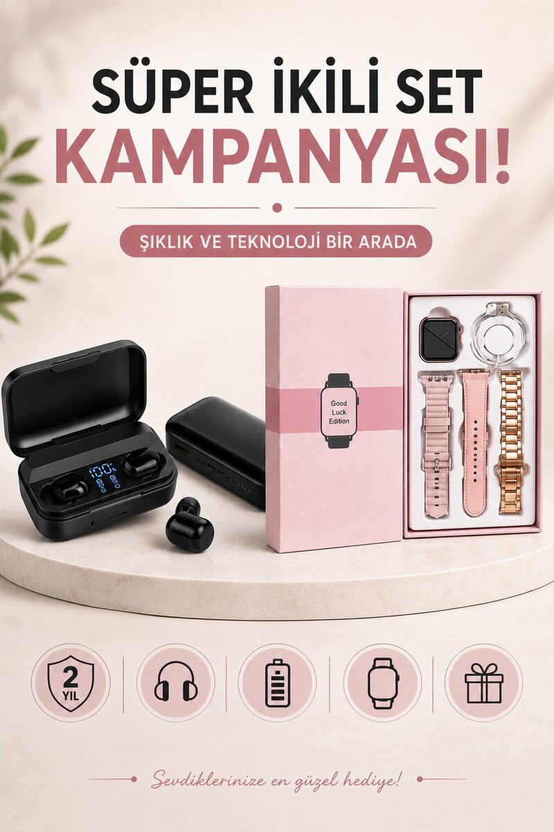 Wireless Şarjlı Pembe Akıllı Saat ve Kablosuz Bluetooth Kulaklık Dokunmatik Kontrol